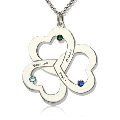 Solid Gold Three Triple Heart Shamrocks Necklace with Name