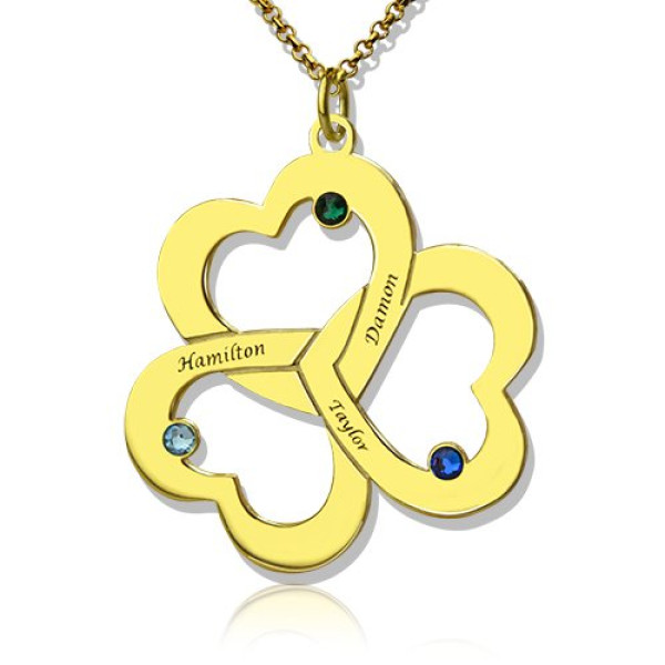 Birthstone Triple Heart Necklace Engraved Name - 18CT Gold