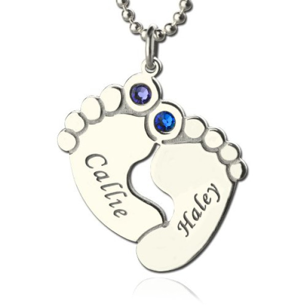 Solid Gold Personalzied Baby Feet Name Necklace with Birthstone