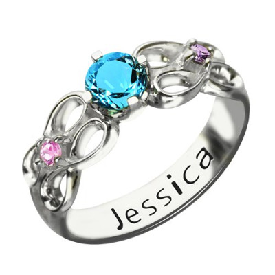Customised Infinity Promise Solid White Gold Ring With Name Birthstone for Her