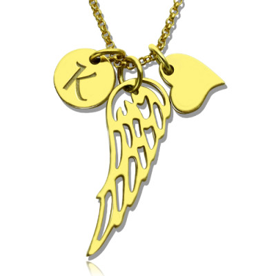 Good Luck Angel Wing Necklace with Initial Charm - 18CT Gold