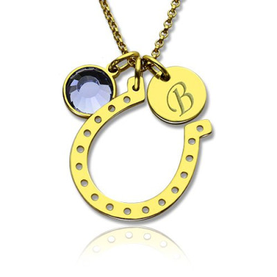 Birthstone Horseshoe Lucky Necklace with Initial Charm 18CT Gold Plate
