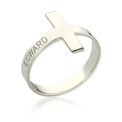 Engraved Name Cross Solid White Gold Rings