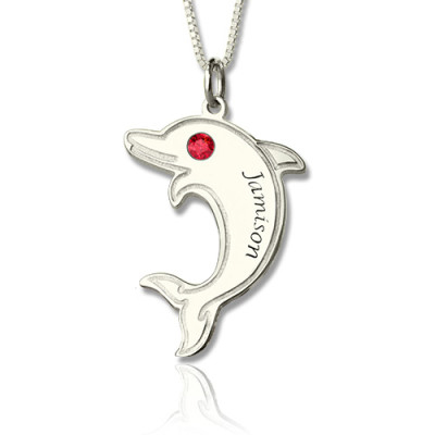 Solid White Gold Dolphin Necklace with Birthstone Name
