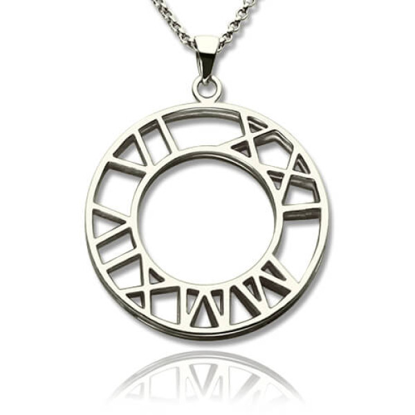 Solid White Gold Double Circle Roman Numeral Necklace Clock Design