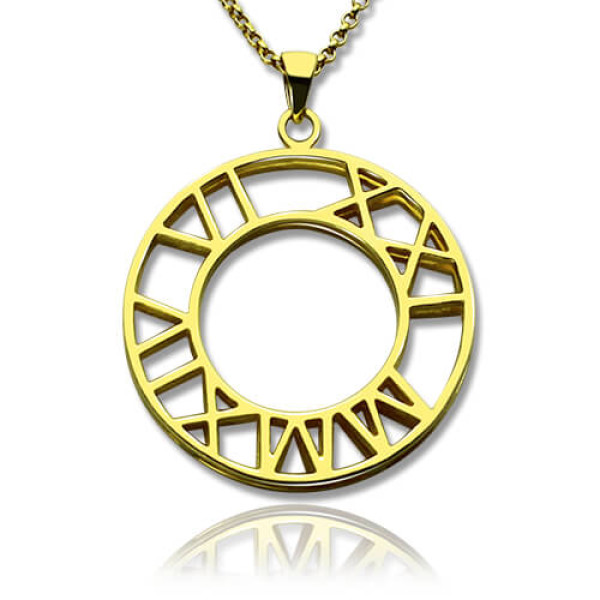 Double Circle Roman Numeral Name Necklace Clock Design Gold