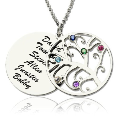 Solid Gold Family Tree Pendant Name Necklace With Birthstone
