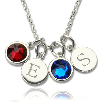 Solid Gold Double Initial Charm Necklace with Birthstone