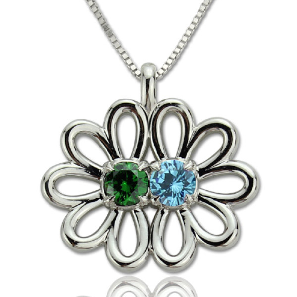 Solid White Gold Double Flower Pendant with Birthstone