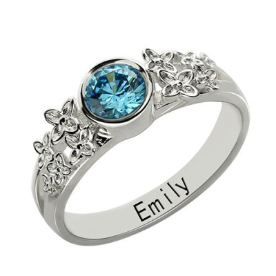 Flower Engagement Birthstone Name Solid White Gold Ring