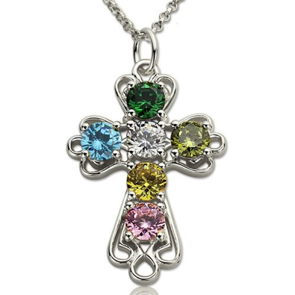 Solid White Gold Cross Necklace with Birthstones