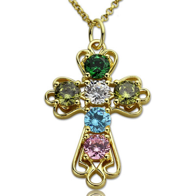 Cross Name Necklace with Birthstones Gold