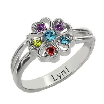 Promise Flower Solid White Gold Ring Engraved Name Birthstone