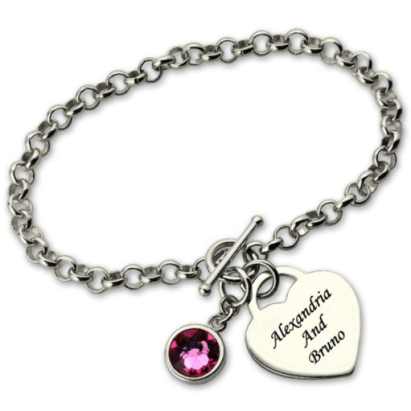 Solid White Gold Charm Bracelet with Birthstone Name
