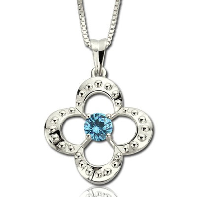 Solid White Gold Birthstone Four Clover Good Lucky Charm Necklace