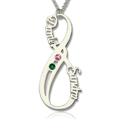 Solid White Gold Birthstone Infinity Eternity Necklace Double Name