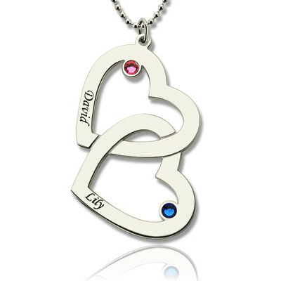 Solid White Gold Double Heart Necklace with Name Birthstones