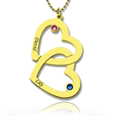Custom Birthstone Heart in Heart Name Necklace - 18CT Gold
