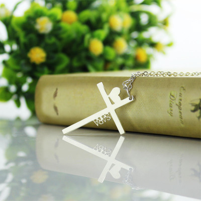 Solid White Gold Cross Name Necklace with Heart