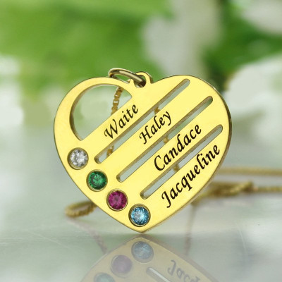 18CT Gold Mothers Birthstone Heart Necklace Engraved Names