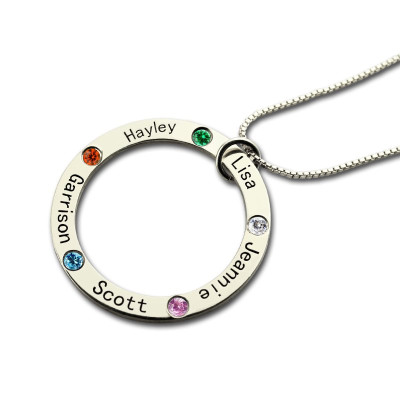 Solid Gold Mothers Family Circle Name Necklace Engraved Birthstone
