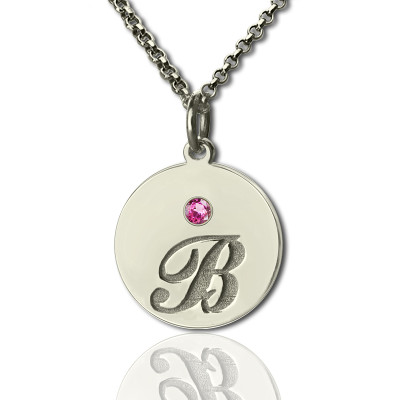 Solid Gold Disc Necklace with Initial Birthstone