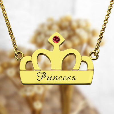 Princess Crown Charm Necklace with Birthstone Name - 18CT Gold
