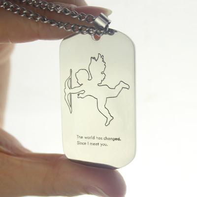 Solid White Gold Cupid Man's Dog Tag Name Necklace