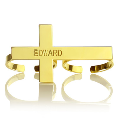 Engraved Name Two finger Cross Ring - 18CT Gold