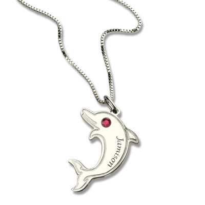Solid White Gold Dolphin Necklace with Birthstone Name