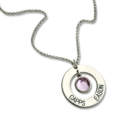 Solid White Gold Circle Name Pendant With Birthstone