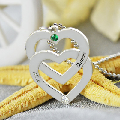 Solid White Gold Double Heart Necklace Engraved Name