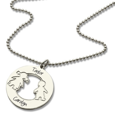 Solid White Gold Circle Necklace With Engraved Children Name Charms