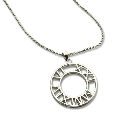 Solid White Gold Double Circle Roman Numeral Necklace Clock Design