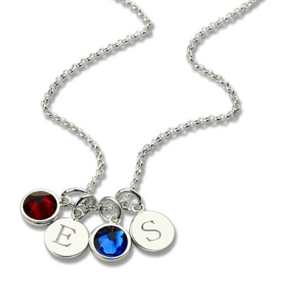 Solid Gold Double Initial Charm Necklace with Birthstone
