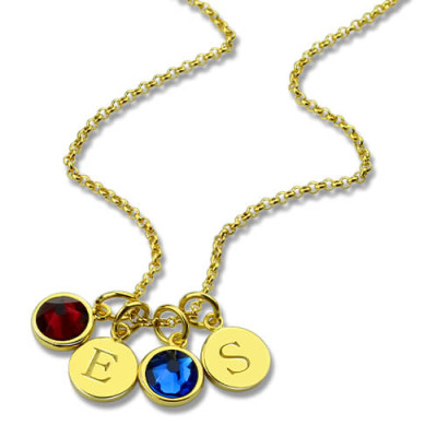 Custom Double Discs Initial Necklace with Birthstones - Solid Gold