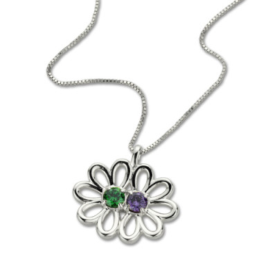 Solid White Gold Double Flower Pendant with Birthstone