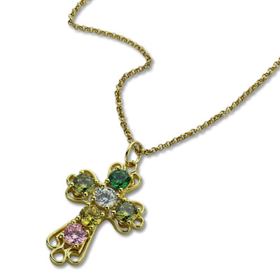 Cross Name Necklace with Birthstones Gold
