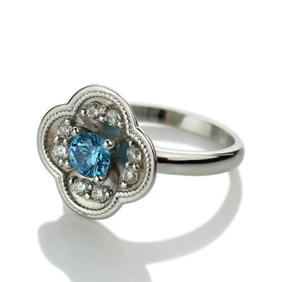 Birthstone Blossoming Love Engagement Solid White Gold Ring