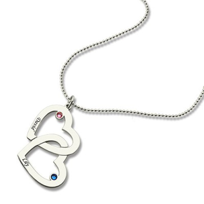Solid White Gold Double Heart Necklace with Name Birthstones
