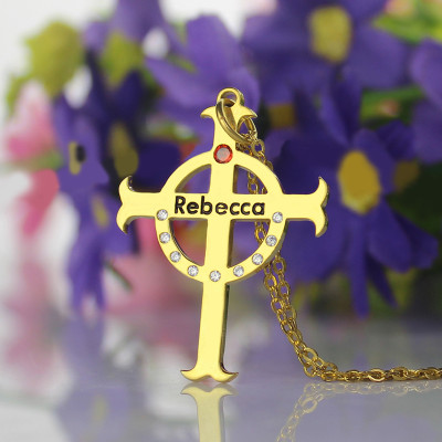 Circle Cross Name Necklace s with Birthstone Name 18CT Gold