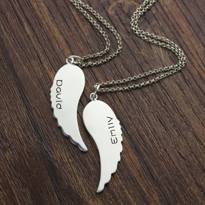 Solid White Gold Custom Cute His and Her Angel Wings Name Necklace s Set