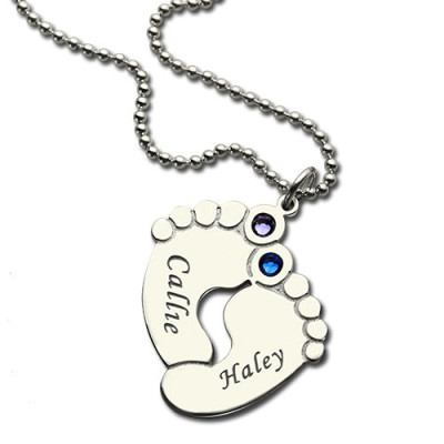 Solid Gold Personalzied Baby Feet Name Necklace with Birthstone