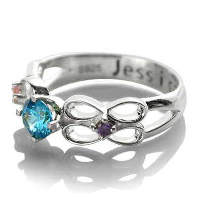Customised Infinity Promise Solid White Gold Ring With Name Birthstone for Her