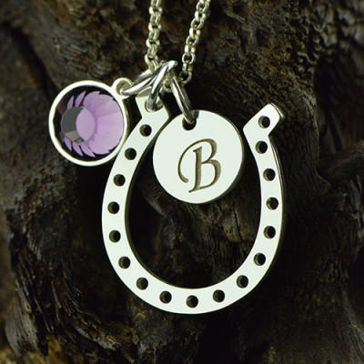 Solid Gold Horseshoe Good Luck Necklace with Initial Birthstone Charm