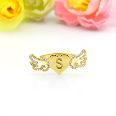 Angel Wings Heart Ring with Birthstone Initial - 18CT Gold