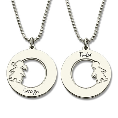 Solid White Gold Circle Necklace With Engraved Children Name Charms