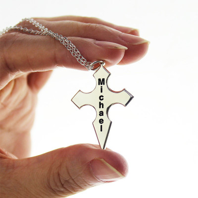 Solid White Gold Conical Shape Cross Name Name Necklace