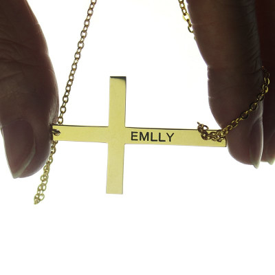 18CT Gold Latin Cross Necklace Engraved Name 1.25"