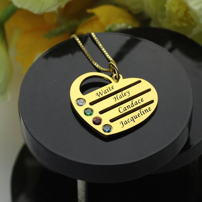 18CT Gold Mothers Birthstone Heart Necklace Engraved Names